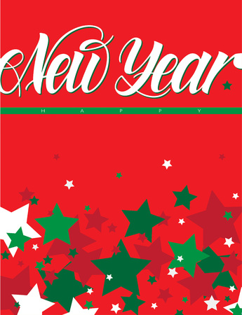 New Year handwritten composition with dark red, green, dark green and white stars on red backgroundのイラスト素材