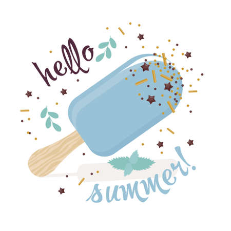 Mint ice cream on a stick, inscription "Hello summer".のイラスト素材