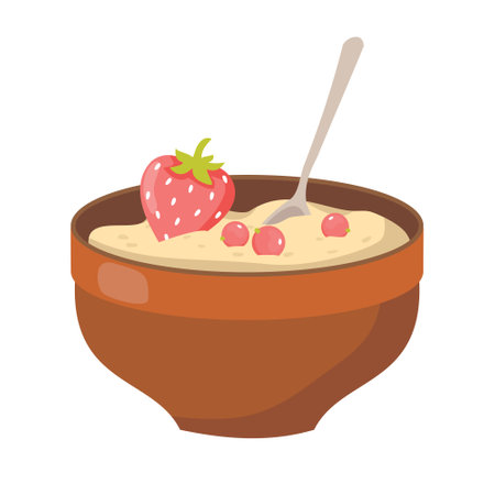 Oatmeal porridge with berries in a ceramic bowl. Vector, white background, isolated.のイラスト素材