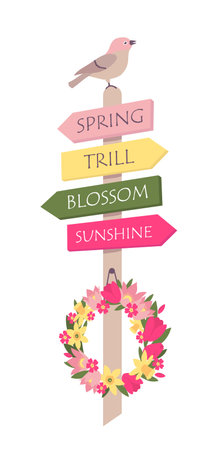 Spring pointer with directions: spring, trill, blossom, sunshine. A wreath of spring flowers on a wooden road sign. Illustrated vector element.のイラスト素材