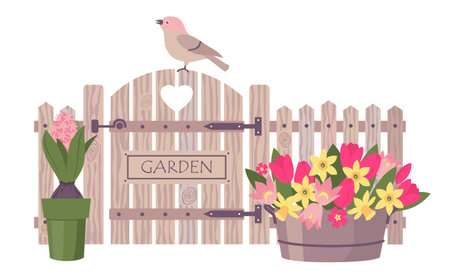 Garden wooden fence with spring flowers and a bird. Illustrated vector element.のイラスト素材