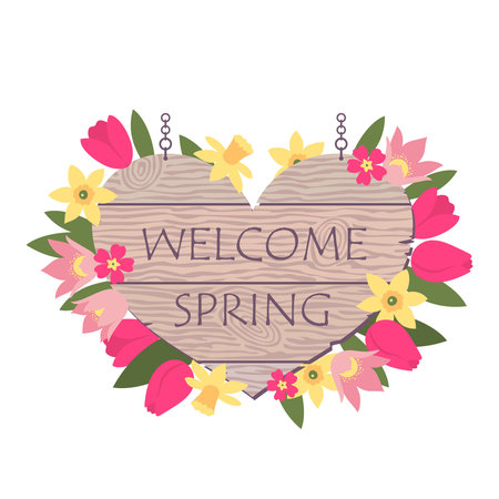 Spring greeting wooden sign in the shape of a heart. Spring flowers with a wooden pointer. Illustrated vector elements set.のイラスト素材