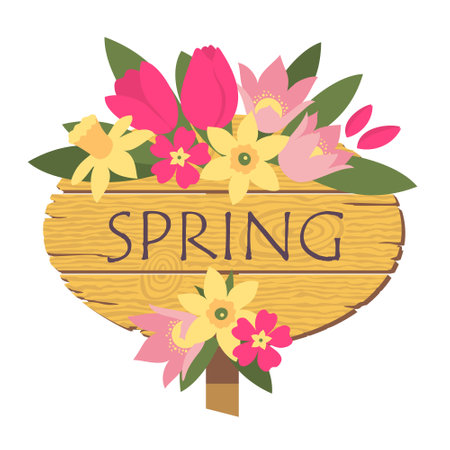 Spring flowers with a wooden sign. A sign with a welcome inscription SPRING and a flower armful. Illustrated vector element.のイラスト素材