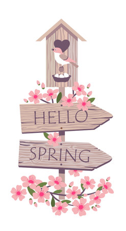 Wooden signpost with greeting HELLO SPRING and flowers. A birdhouse and a singing bird on a road sign. Spring flowers on the sign. Illustrated vector element.のイラスト素材