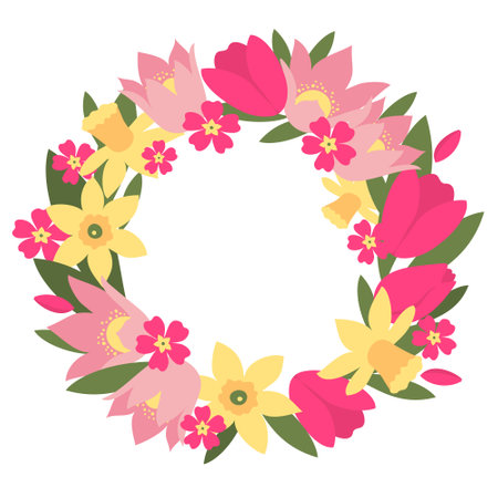 spring flowers wreath. Daffodils and tulips. Illustrated vector element.のイラスト素材
