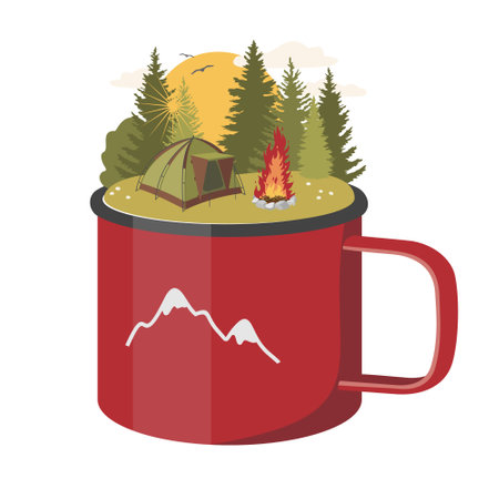 A hiking metal mug with a forest landscape, a tent and a campfire.のイラスト素材