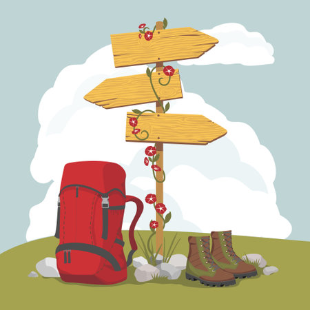 Summer hiking card with a road sign, backpack, boots on the background of the landscape.のイラスト素材