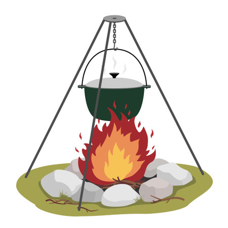 A burning campfire with a camping pot on a tripod.のイラスト素材
