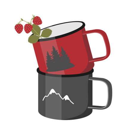 Hiking iron mugs with a sprig of strawberries.のイラスト素材