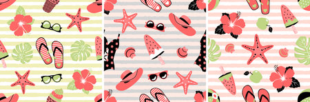 Summer seamless pattern set. Beach clipart. Ice cream, swimsuit, starfish, hibiscus.のイラスト素材