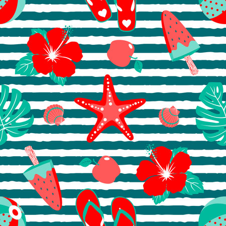 Marine seamless pattern with beach items. Hibiscus, monstera, slates, ball, starfish.