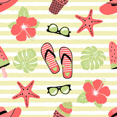 Summer beach seamless pattern.  slate, hibiscus, monstera, starfish.のイラスト素材