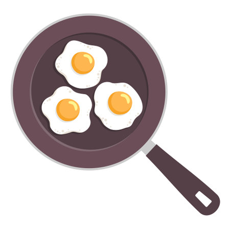 Three fried eggs with yolks in a frying pan. view from above.のイラスト素材