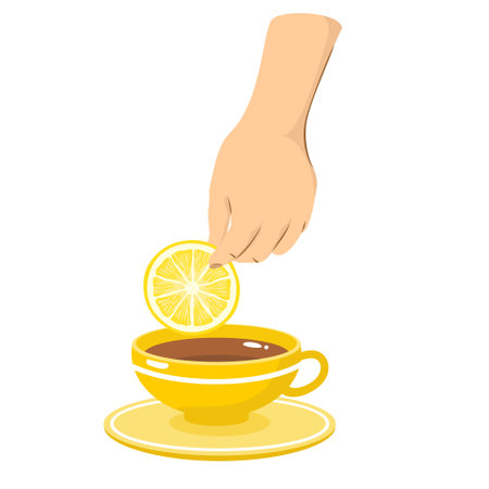 A hand puts a slice of lemon in a tea cup.のイラスト素材