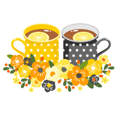 Two ceramic tea cups with a slice of lemon.のイラスト素材