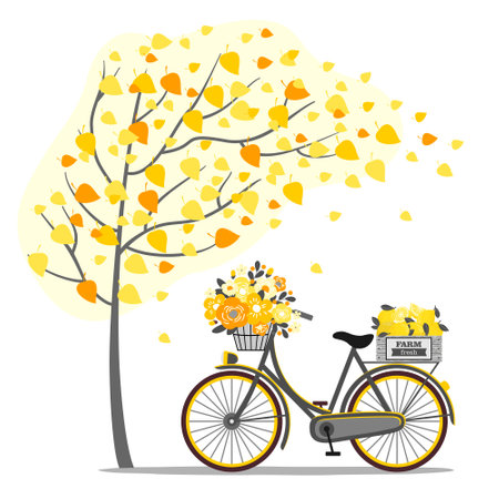 A bicycle with lemons and yellow flowers under an autumn tree.のイラスト素材