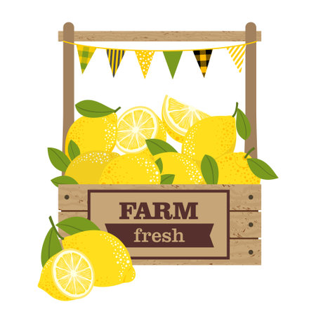Gift farm box made of wood with handles with fresh lemons.のイラスト素材