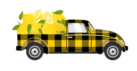 Checkered car with lemons. Delivery of lemon harvest.のイラスト素材