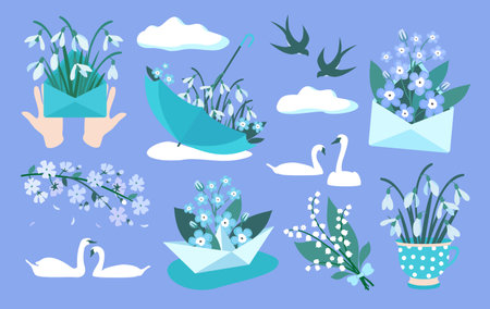 Spring set with snowdrops, swans, lilies of the valley, violets.のイラスト素材