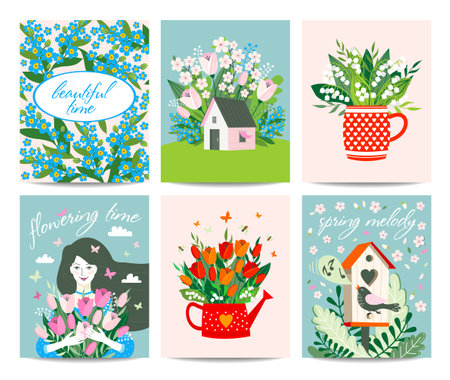 Spring cards set with a flower, a girl, a birdhouse.のイラスト素材