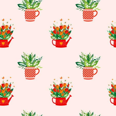 Tulips and lilies of the valley seamless pattern.のイラスト素材