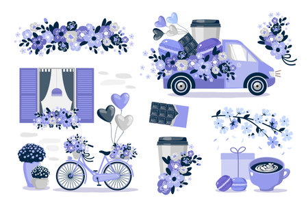Purple set with a truck, flowers, balloons, bicycle, coffee cup.のイラスト素材