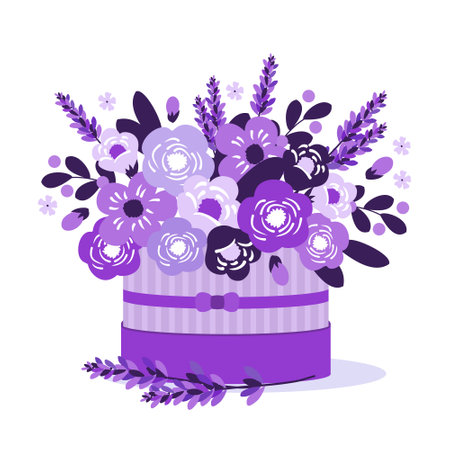 Purple bouquet of flowers in a gift box.のイラスト素材