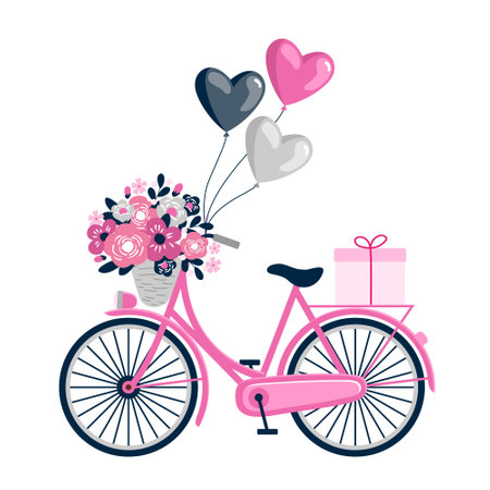 Pink bicycle with flowers and balloons.のイラスト素材
