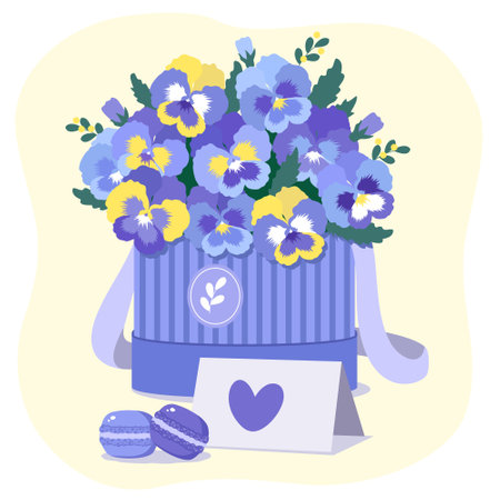A bouquet of pansies in a box. greeting card.のイラスト素材