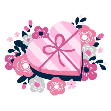 Pink box with flowers in the shape of a heart.のイラスト素材
