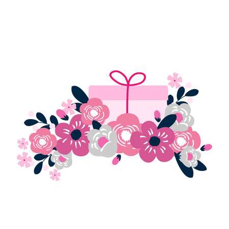 Pink gift box with flowers.のイラスト素材