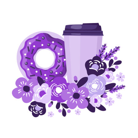 Coffee cup with a donut and flowers.のイラスト素材