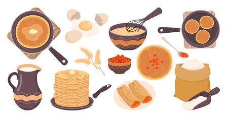 Russian pancakes and ingredients set. vector clipart.のイラスト素材