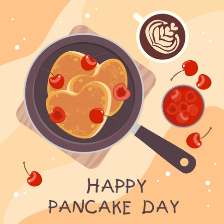 Heart-shaped pancakes in a frying pan with cherries and a latte cup. Greeting card of a Happy Pancake Day.のイラスト素材