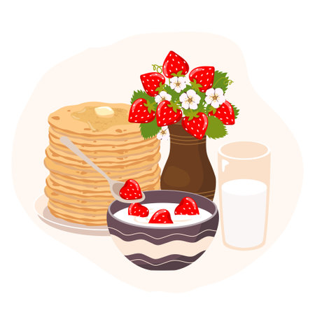 Pancake stack with strawberries and cream. vector clipart.のイラスト素材