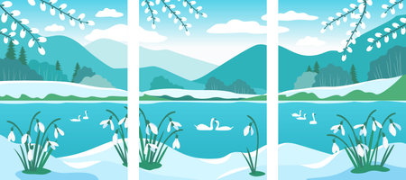 Early spring cards with snowdrops and willow. Swans. vector landscape.のイラスト素材