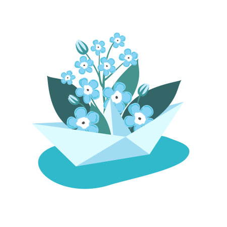 A paper boat with violets.のイラスト素材