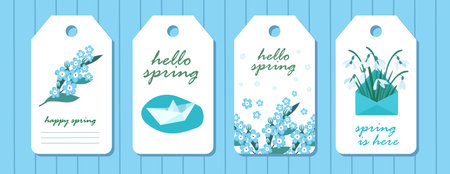Spring tags set with snowdrops and violets. A paper boat. An envelope with snowdrops.のイラスト素材