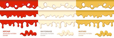 Sauce seamless borders set. Dripping ketchup, mayonnaise, mustard.のイラスト素材