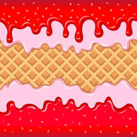 Waffle with strawberry jam. Melting ice cream. Seamless pattern.のイラスト素材