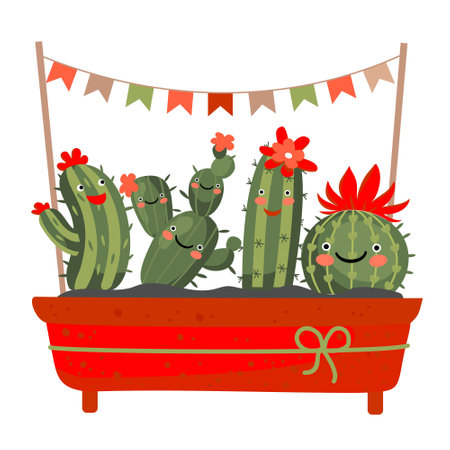 A cactus family in a large pot is celebrating.のイラスト素材