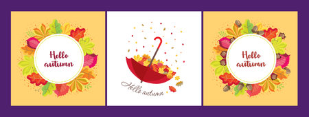 Hello autumn set: round frames with oak, hazel, chestnut leaves, chestnut and hazel fruits, illustration of red umbrella, foliage, greeting. Vector, red, yellow colors, white background.のイラスト素材