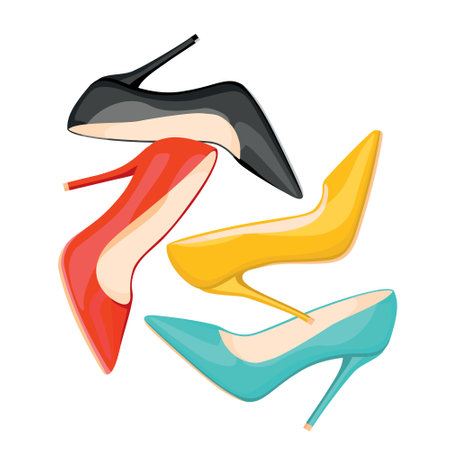 A set of bright colored women's high-heeled shoes: blue, yellow, pink. White background, vector, isolated.のイラスト素材