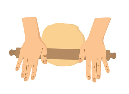 Hands cut mushrooms with a knife on a wooden board. Vector, isolated, white background.のイラスト素材