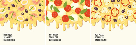 Pizza seamless frame set: pizza with seafood, with tomato and mozzarella, with champignons. Filling top view. Vector.のイラスト素材