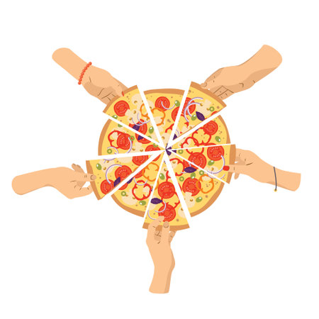 Hands take slices of hot pizza at a party. Vector, top view, isolated, white background.のイラスト素材