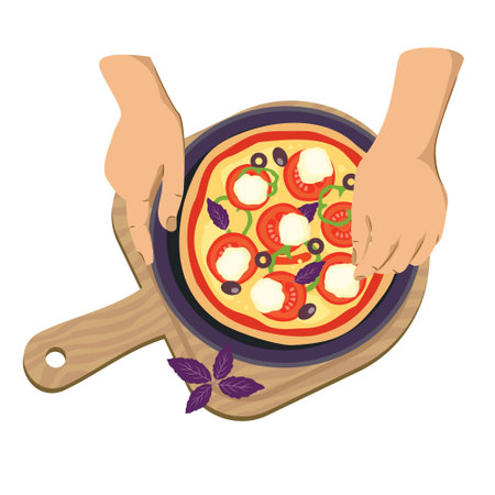 Cooking pizza with mozzarella and tomatoes on a board. Hands add ingredients. Vector illustration, white background.のイラスト素材