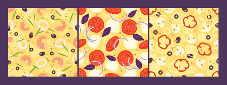 Pizza Topping Seamless Patterns set: cheese, tomatoes, onions, olives, seafood, mushrooms. Vector top view.のイラスト素材
