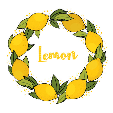 Lemon wreath. Vector illustration of lemon fruit, leaves, white background, outline.のイラスト素材