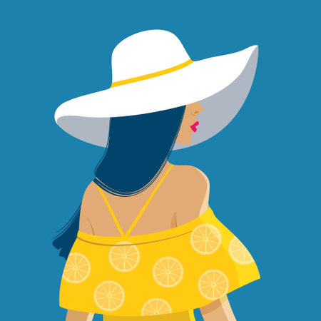 A young girl in a yellow dress on the sea. Vector illustration, summer poster, isolated.のイラスト素材